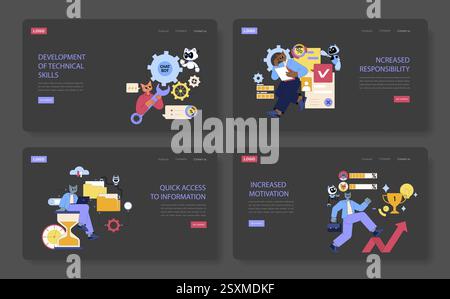AI Assistant for Work. The illustration showcases various scenarios where an AI assistant enhances productivity and efficiency in the workplace, highlighting skill development and motivation. Vector illustration. Stock Vector