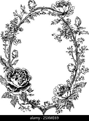 Floral elegant oval frame crest wreath wedding monogram Stock Vector