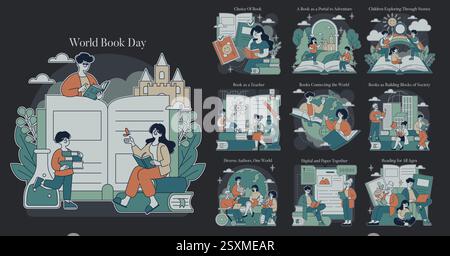 World Book Day set. Celebration of books promoting knowledge and imagination. Features book choices, adventures, storytelling, global connections, and reading for all ages. Encourages learning, creativity, and literacy across diverse cultures. Vector illustration. Stock Vector