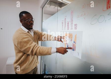 Multicultural business worker analyzing data on glass board Stock Photo