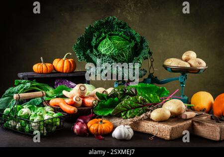 Assorted autumn and winter vegetables on kitchen table, harvesting and self-sufficiency Stock Photo