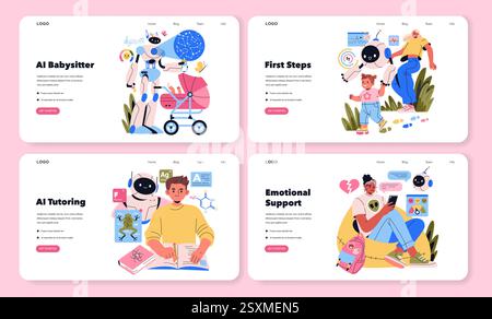 AI Co-Parent concept. This illustration presents innovative roles of AI in childcare, education, and emotional support. It showcases AI assisting in babysitting, tutoring, and providing care. Vector illustration. Stock Vector