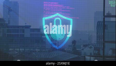 Image of data processing with shield and padlock icon over cityscape Stock Photo