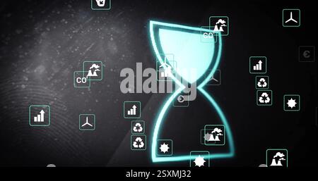 Image of media icons over data processing and hourglass Stock Photo