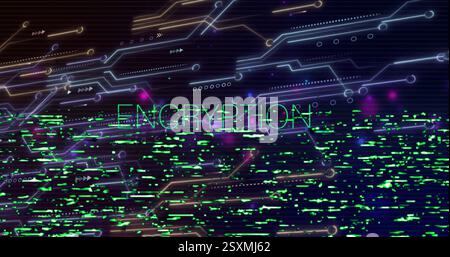Image of digital data processing and encryption text over dark background Stock Photo