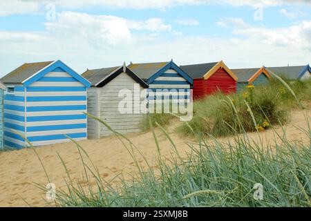 Southwold beach. Beach huts on Southwold beach in summer, Suffolk, UK. Stock Photo