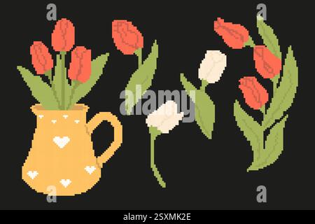 Pixel Art Spring Red and white Tulips, Bouquet Flowers in Jug. Vector collection illustration in retro 8-bit style. Springtime. Inspired by video game Stock Vector