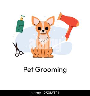 Cute Chihuahua sits with grooming tools like scissors, shampoo, and a hairdryer. Minimalist and modern design, ideal for pet care services. Stock Vector