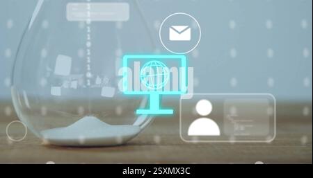 Image of data processing and media icons over hourglass Stock Photo