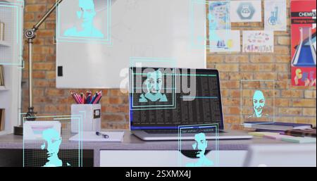 Image of data processing with portraits over laptop on desk in office Stock Photo