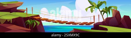 Hanging wooden bridge between rocky cliffs over tropical lagoon. Suspended pathway with palm trees, blue ocean water, green grass patches on brown rocks. Adventure summer landscape panorama. Stock Vector