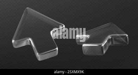 Glass cursors in 3d style - transparent arrow shapes on dark background. Shiny crystalline pointer for digital interface design. Modern geometric computer navigation element in clear acrylic material. Stock Vector