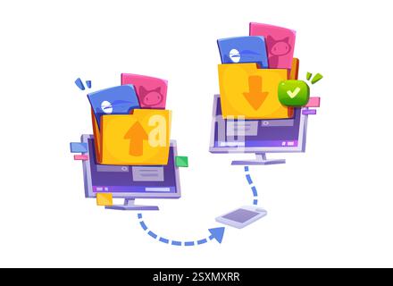 Device synchronization showing data transfer between computers. Cartoon yellow folders with files moving across connected devices. File sharing with green checkmark indicating completed transfer. Stock Vector