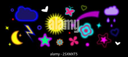 Neon y2k shapes on black background - glowing elements of sun and moon, stars and hearts, clouds with lightning bolt and rain drops, butterfly. Vibrant retro collection in 2000s style with blur effect Stock Vector