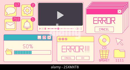 Retro internet window elements - pink and yellow computer interface with CD icon, folder, basket, video player controls, notification badges, profile menu, error message, loading progress bar. Stock Vector