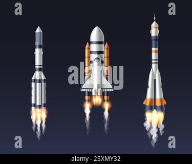 Space shuttle and rocket realistic vector illustration set. Detailed 3D spaceships with fiery boosters, launch vehicles for cosmic missions and exploration. Spacecraft collection on dark background. Stock Vector