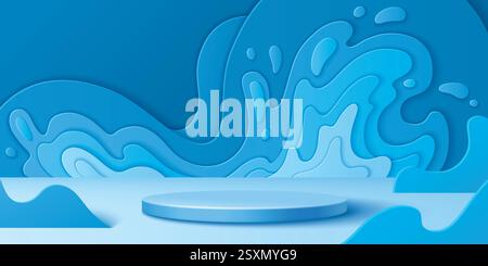 Abstract 3d blue paper cut splash background with geometric shapes and round podium or pedestal. Modern colorful layered papercut decoration for advertising, commercial or product display design. Stock Vector
