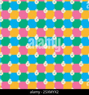 Checkered board Easter Egg, Flower shape abstract seamless pattern. Cute decorative geometrical grid. Blue pink green yellow bright colour palette Stock Vector