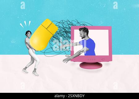 Composite 3D collage trend artwork template design of team young lady walk hold mouse man appear computer monitor office human resources Stock Photo