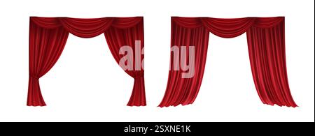Realistic 3D Set of Red Velvet Theater Curtains Open and Closed Long and Short Top Borders Isolated on White Background Stock Vector