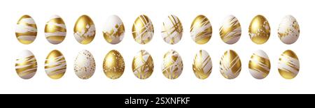 Elegant Collection of White and Gold Decorative Easter Eggs with Abstract Brush Patterns and Designs Stock Vector