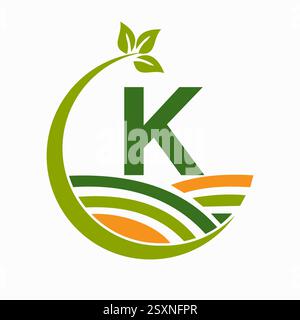 Initial Letter K Agriculture And Farming Logo Combine With Field and Leaf Symbol Stock Vector