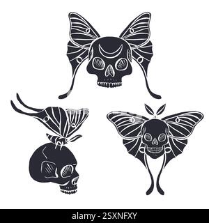 Hand drawn black silhouettes of human skulls with luna moth wings set isolated on white background Stock Vector