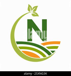 Initial Letter N Agriculture And Farming Logo Combine With Field and Leaf Symbol Stock Vector