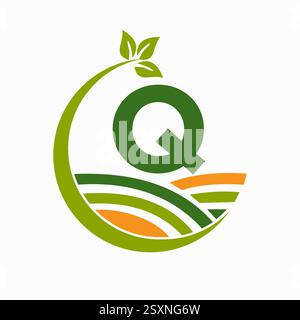 Initial Letter Q Agriculture And Farming Logo Combine With Field and Leaf Symbol Stock Vector