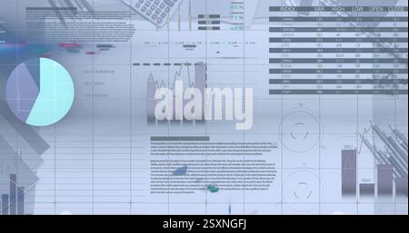 Image of financial data processing over paper and items on desk Stock Photo