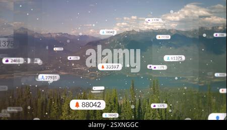 Image of icons and data processing over landscape Stock Photo