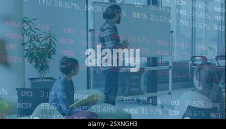 Image of stock market over diverse business people discussing work Stock Photo