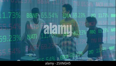 Image of stock market over diverse business people discussing work Stock Photo