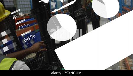 Image of financial data processing over african american worker using lift truck in warehouse Stock Photo