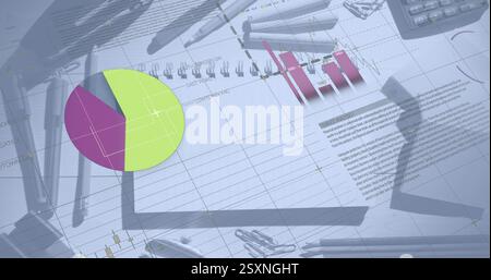 Image of financial data processing over notebook and items on desk Stock Photo