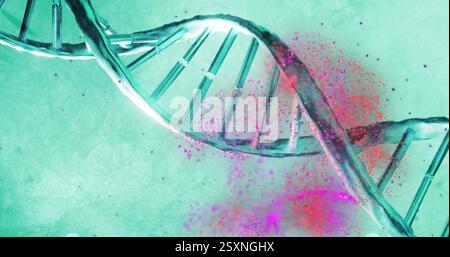 Image of light spots over dna strand on blue background Stock Photo