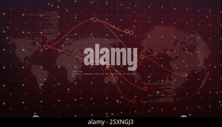 Image of network of connections and globe over data processing and world map on black background Stock Photo