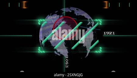 Targeting image over rotating globe with coordinates and red circle Stock Photo