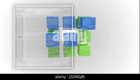 3D cubes in green and blue with text and code image over white background Stock Photo