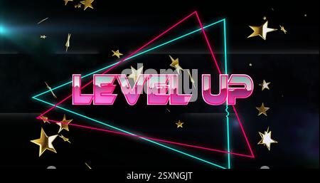 Level up text image over neon triangles and golden stars on black background Stock Photo