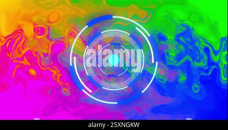 Circular digital interface over vibrant, colorful abstract image background Stock Photo
