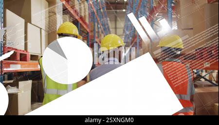 Image of financial data processing over diverse workers in warehouse Stock Photo