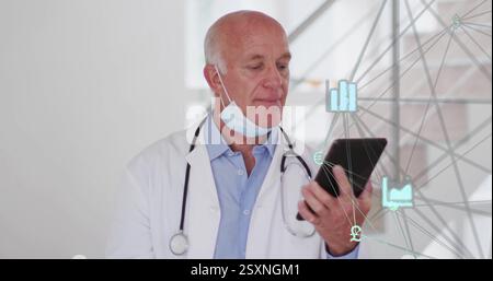 Holding tablet, doctor analyzing financial data and currency symbols over image Stock Photo