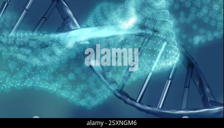 Image of light spots over dna strand on blue background Stock Photo