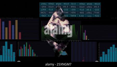 Financial data and charts image over abstract geometric shapes and lightning effects Stock Photo