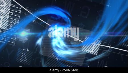 Blue swirling image over data charts and graphs with white lines and crosses Stock Photo