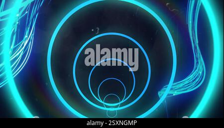 Concentric neon blue circles image over dark background with abstract shapes Stock Photo