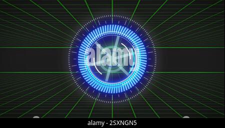 Futuristic blue digital interface image with rotating elements over grid background Stock Photo