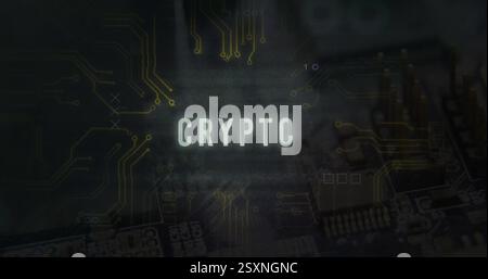 CRYPTO text image over circuit board and digital data background Stock Photo
