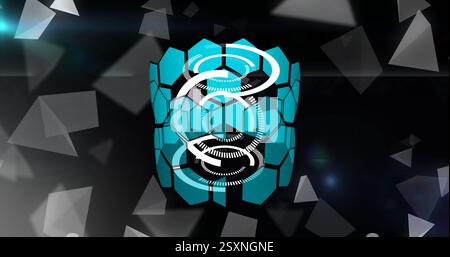 Rotating hexagonal shapes and circles, futuristic image over dark background Stock Photo